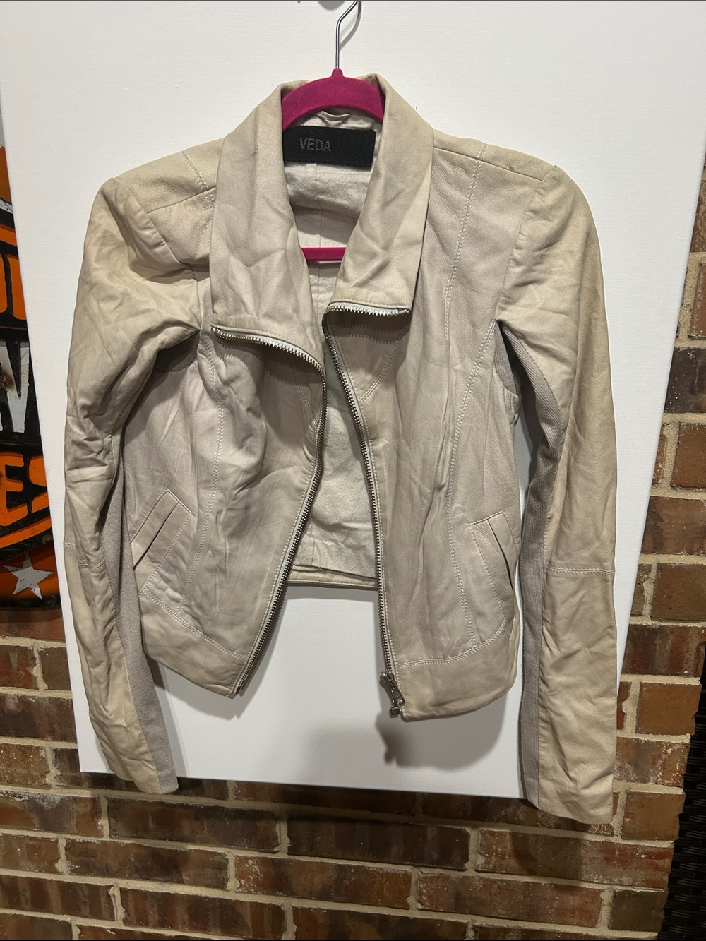 Veda Light Cream Leather Asymmetrical Moto Jacket
